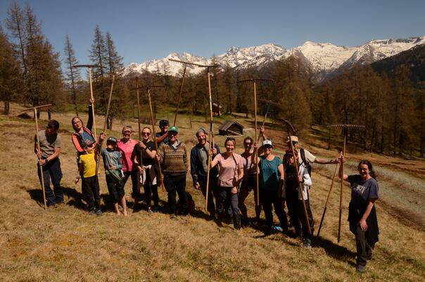 Gruppenfoto nach der Arbeit auf einer Alm, im Hintergrund schneebedeckte Berggipfel